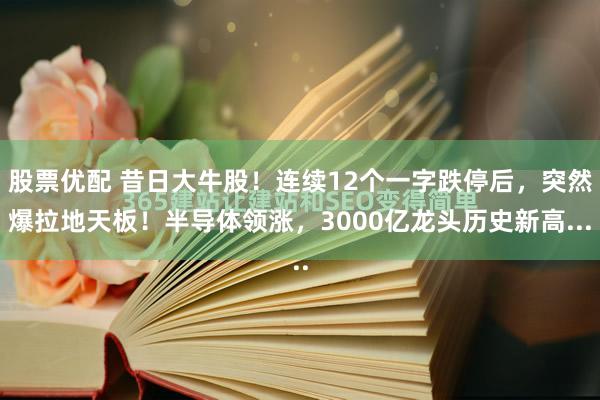 股票优配 昔日大牛股！连续12个一字跌停后，突然爆拉地天板！半导体领涨，3000亿龙头历史新高...